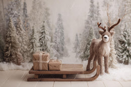 Nordic Christmas Digital Backdrop, Reindeer, Sleigh, Winter Wonderland Photo Background, Holiday Studio Kids Prop, Photoshop/Canva Template