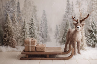 Nordic Christmas Digital Backdrop, Reindeer, Sleigh, Winter Wonderland Photo Background, Holiday Studio Kids Prop, Photoshop/Canva Template