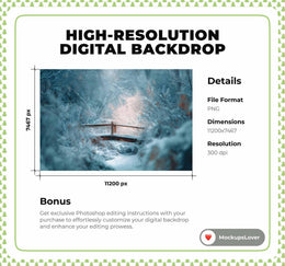 Winter Forest Bridge Digital Backdrop, Nature Photography Photo Background, Christmas Holiday Kids Prop, Winter Wonderland, Canva Template