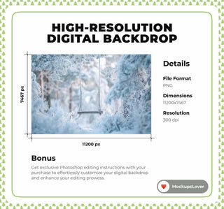 Winter Digital Backdrop, Snowy Forest Swing Photo Background, Christmas Holiday Kids Prop, Photoshop & Canva Template, Photo Editing