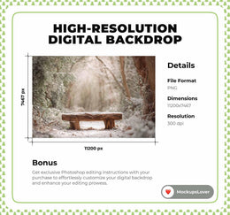 Winter Forest Digital Backdrop, Wooden Bench, Nature Photography Photo Background, Christmas Holiday Kids Prop, Photoshop & Canva Template