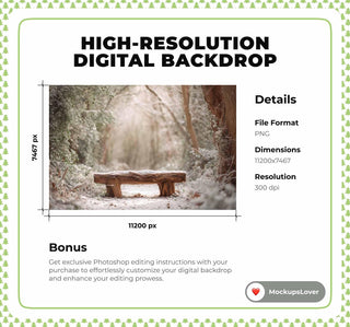 Winter Forest Digital Backdrop, Wooden Bench, Nature Photography Photo Background, Christmas Holiday Kids Prop, Photoshop & Canva Template