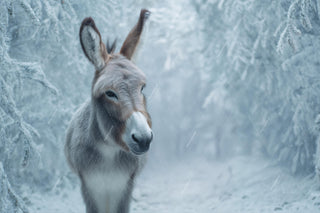 Winter Forest Animals Digital Backdrop, Holiday Photo Background, Christmas Nativity Kids Prop, Donkey, Photoshop & Canva Template