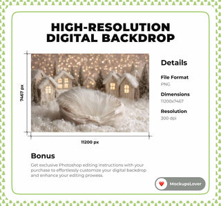 Christmas Baby Digital Backdrop, Winter Wonderland Photo Background, White Holiday Studio Newborn Boy Girl Prop, Photoshop & Canva Template