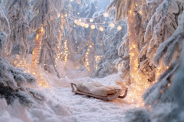 Christmas Snowy Forest Digital Backdrop, Wooden Sleigh Photo Background, Holiday Kids Prop, Winter Wonderland, Photoshop & Canva Template