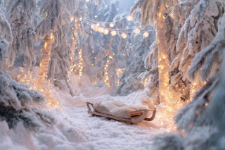 Christmas Snowy Forest Digital Backdrop, Wooden Sleigh Photo Background, Holiday Kids Prop, Winter Wonderland, Photoshop & Canva Template