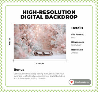 Pink Christmas Studio Digital Backdrop, Woodland Baby Photo Background, Wooden Sleigh, Holiday Kids Prop, Winter Wonderland, Canva Template