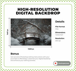 Winter Forest Bridge Digital Backdrop, Nature Photography Background, Christmas Holiday Prop, Photoshop & Canva Template, Photo Editing