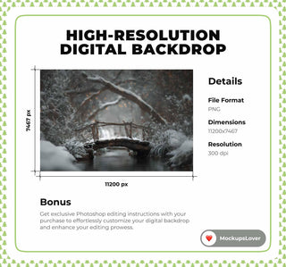 Winter Forest Bridge Digital Backdrop, Nature Photography Background, Christmas Holiday Prop, Photoshop & Canva Template, Photo Editing
