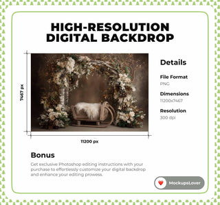 Cozy Christmas Baby Digital Backdrop, Wooden Studio Photo Background, Sleigh, Winter Wonderland Newborn Prop, Photoshop & Canva Template