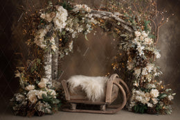 Cozy Christmas Baby Digital Backdrop, Wooden Studio Photo Background, Sleigh, Winter Wonderland Newborn Prop, Photoshop & Canva Template