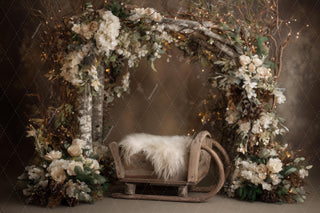 Cozy Christmas Baby Digital Backdrop, Wooden Studio Photo Background, Sleigh, Winter Wonderland Newborn Prop, Photoshop & Canva Template