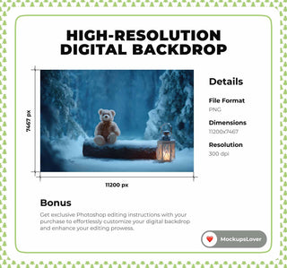Winter Forest Digital Backdrop, Christmas Animals Photo Background, Teddy Bear, Lantern, Log, Holiday Kids Prop, Photoshop & Canva Template