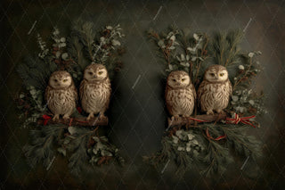 Christmas Woodland Animals Newborn Digital Backdrop, Wise Owls Photo Background, Holiday Studio Baby Prop, Photoshop & Canva Template