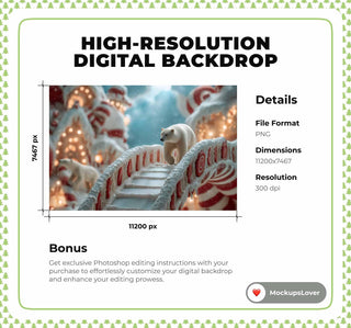 Candyland Digital Backdrop, North Pole Village, Polar Bear Photo Background, Christmas Holiday Kids Prop, Photoshop & Canva Template
