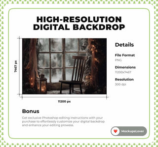Cozy Farmhouse Christmas Window Digital Backdrop, Holiday Wooden Photo Background, Kids Prop, Photoshop & Canva Template, Photo Editing