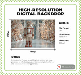 Christmas Giant Nutcracker Digital Backdrop, Winter Wonderland Photo Background, Holiday Kids Prop, Photoshop & Canva Template