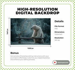 Polar Bear Digital Backdrop, Winter Forest Photo Background, Wooden Bench, Christmas Holiday Kids Prop, Photoshop & Canva Template