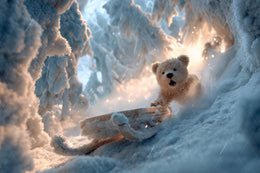 Winter Fantasy Forest Digital Backdrop, Teddy Bear, Sleigh, Christmas Photo Background, Holiday Kids Prop, Photoshop & Canva Template