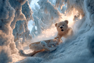 Winter Fantasy Forest Digital Backdrop, Teddy Bear, Sleigh, Christmas Photo Background, Holiday Kids Prop, Photoshop & Canva Template
