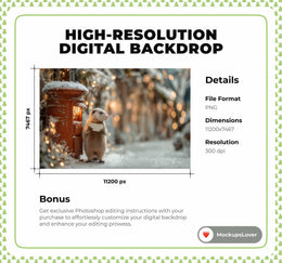 Red Mail Box Digital Backdrop, Christmas Animals Photo Background, Holiday Kids Prop, Winter Wonderland, Letter From Santa, Canva Template