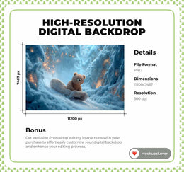 Winter Fantasy Forest Digital Backdrop, Christmas Sleigh, Teddy Bear, Holiday Photo Background, Kids Prop, Photoshop & Canva Template