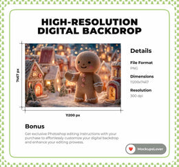 Giant Christmas Gingerbread Digital Backdrop, Village Photo Background, Holiday Kids Prop, Winter Wonderland, Photoshop & Canva Template