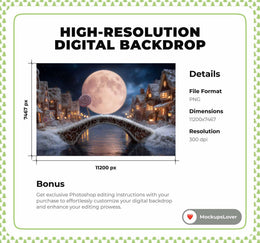 Christmas Village Bridge Digital Backdrop, Winter Wonderland Photo Background, Harvest Moon, Holiday Kids Prop, Photoshop & Canva Template