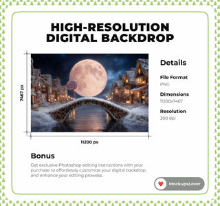 Christmas Village Bridge Digital Backdrop, Winter Wonderland Photo Background, Harvest Moon, Holiday Kids Prop, Photoshop & Canva Template