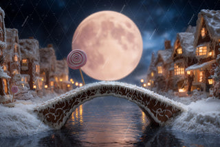 Christmas Village Bridge Digital Backdrop, Winter Wonderland Photo Background, Harvest Moon, Holiday Kids Prop, Photoshop & Canva Template