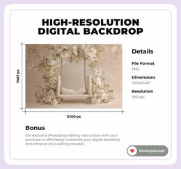 Newborn Digital Backdrop, White Floral Studio Photo Background, Flower Arch, Baby Boy Girl Prop, Photoshop & Canva Template, Photo Editing