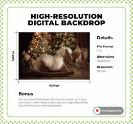 Christmas Newborn Digital Backdrop, Wooden Rocking Horse Photo Background, Holiday Studio First Baby Boy Girl Prop, Photoshop/Canva Template