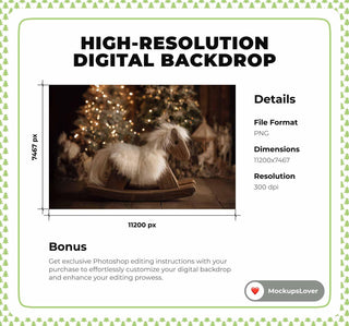 Christmas Newborn Digital Backdrop, Wooden Rocking Horse Photo Background, Holiday Studio First Baby Boy Girl Prop, Photoshop/Canva Template