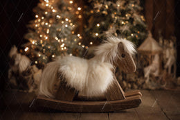 Christmas Newborn Digital Backdrop, Wooden Rocking Horse Photo Background, Holiday Studio First Baby Boy Girl Prop, Photoshop/Canva Template