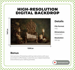 Victorian Christmas Baby Digital Backdrop, Throne, Winter Wonderland Photo Background, Holiday Newborn Prop, Photoshop & Canva Template