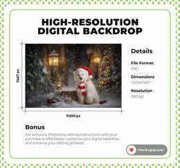Christmas Digital Backdrop, Polar Bear Photo Background, Holiday Prop, Stump, Lantern, Christmas Village, Winter Wonderland, Canva Template