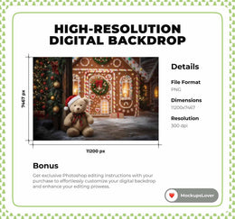 Christmas Digital Backdrop, Teddy Bear, Gingerbread House, Winter Wonderland Photo Background, Holiday Kids Prop, Photoshop & Canva Template