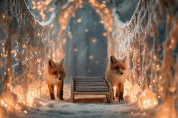 Winter Forest Bridge Digital Backdrop, Woodland Animals Photo Background, Red Fox, Wooden Sleigh, Christmas Holiday Prop, Photoshop Template