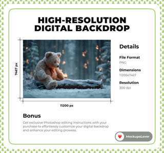 Winter Fantasy Forest Photo Background, Teddy Bear Digital Backdrop, Winter Wonderland, Christmas Holiday Kids Prop, Photoshop Template