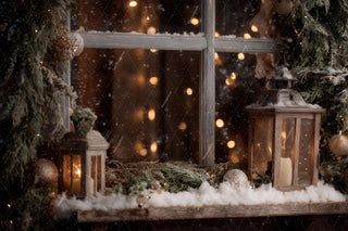 Cozy Wooden Christmas Window Digital Backdrop, Lanterns, Rustic Photo Background, Holiday Kids Prop, Winter Wonderland, Photoshop Template