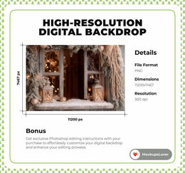 Country Christmas Digital Backdrop, Christmas Window Photo Background, Holiday Kids Portrait Prop, Winter Wonderland, Photoshop Template