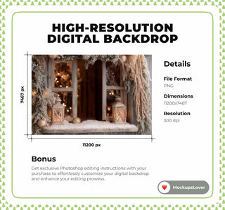 Country Christmas Digital Backdrop, Christmas Window Photo Background, Holiday Kids Portrait Prop, Winter Wonderland, Photoshop Template