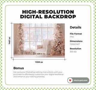 Pink Christmas Window Studio Digital Backdrop, Winter Wonderland Photo Background, Holiday Floral Kids Prop, Photoshop & Canva Template