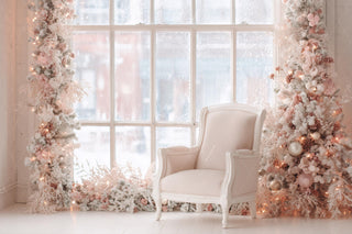 Pink Christmas Window Studio Digital Backdrop, Winter Wonderland Photo Background, Holiday Floral Kids Prop, Photoshop & Canva Template