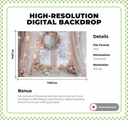 Pink Christmas Window Digital Backdrop, Floral Photo Background, Holiday Studio Kids Prop, Photoshop & Canva Template, Photo Editing