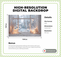 Christmas Window Digital Backdrop, Winter Wonderland Photo Background, White Studio Holiday Kids Prop, Photoshop & Canva Template