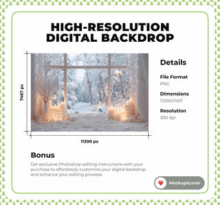 Christmas Window Digital Backdrop, Winter Wonderland Photo Background, White Studio Holiday Kids Prop, Photoshop & Canva Template