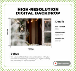 Christmas Window Digital Backdrop, Winter Wonderland Photo Background, Rustic Holiday Kids Prop, Photoshop & Canva Template, Photo Editing
