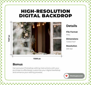 Christmas Window Digital Backdrop, Winter Wonderland Photo Background, Rustic Holiday Kids Prop, Photoshop & Canva Template, Photo Editing