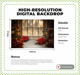Cozy Christmas Window Digital Backdrop, Winter Wonderland Photo Background, Holiday Kids Prop, Photoshop & Canva Template, Photo Editing